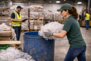 A woman in a warehouse deposits plastic wrap into a recycling bin as part of a facility sorting process, illustrating plastic recycling symbols explained in a commercial setting.
