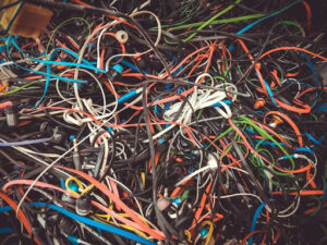 A tangled bunch of electrical wires ready to be processed. Scrap copper.