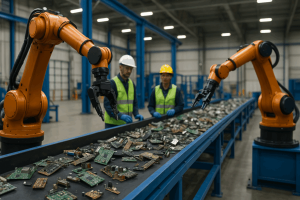 Robotic arms sorting circuit boards at an electronic waste facility, illustrating advanced automation in e-waste recycling innovations.