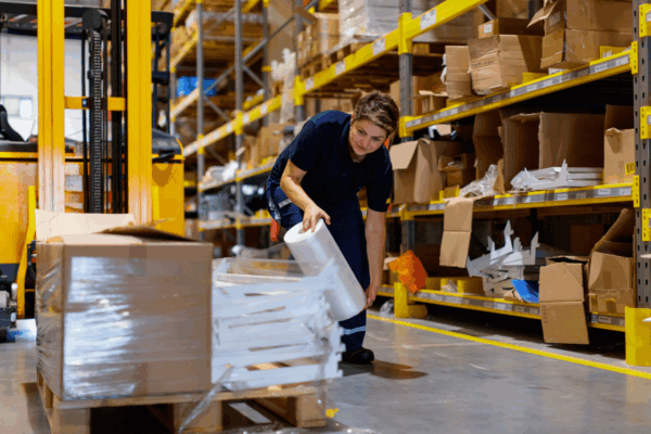 Warehouse worker wrapping a pallet with LDPE stretch film in an industrial storage area, surrounded by shelves of cardboard boxes and packaging materials.