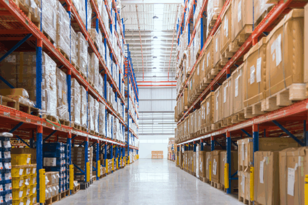 Interior of a high-volume warehouse with stacked pallets and packaging materials, representing a facility that may be subject to Massachusetts recycling bans.
