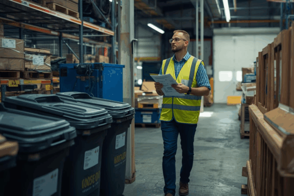 Facility manager conducting year-end waste reporting while reviewing recycling data next to labeled bins in a commercial warehouse.