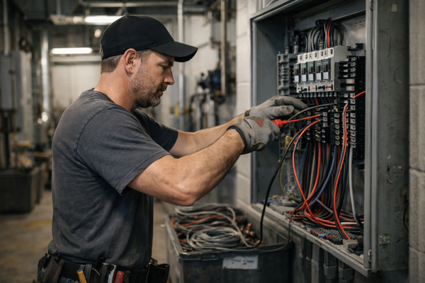 Licensed commercial electrician terminating wires inside an electrical panel, showing valuable scrap metals for HVAC plumbers and electricians generated during commercial retrofit work