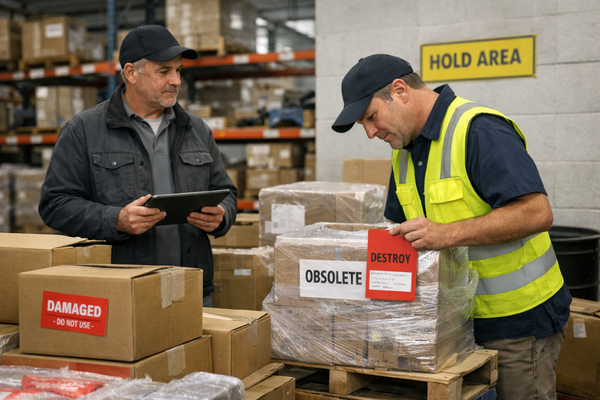 warehouse managers reviewing an off-spec material destruction process in a designated hold area with damaged boxes, obsolete inventory, and branded packaging staged for secure material destruction and off-spec inventory disposal