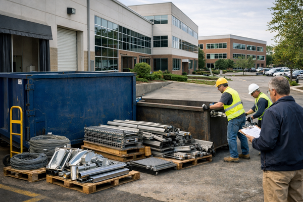 Scrap metal recycling for property managers at a Massachusetts office park with organized metal collection containers, sorted scrap materials, and on-site facility oversight