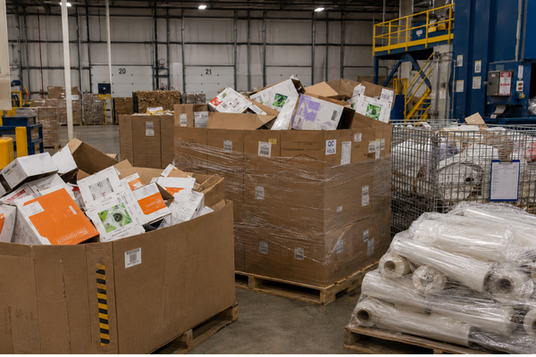 Off-spec packaging materials sorted for secure recycling inside an industrial warehouse.