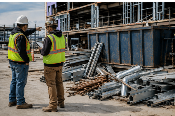 Contractors reviewing jobsite scrap metal recycling best practices beside staged metal debris and a roll-off container on a commercial construction site.