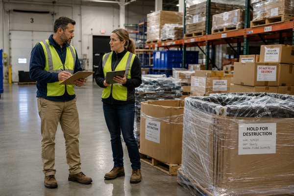 Facility managers reviewing off-spec material destruction programs checklist beside labeled pallets in a warehouse.