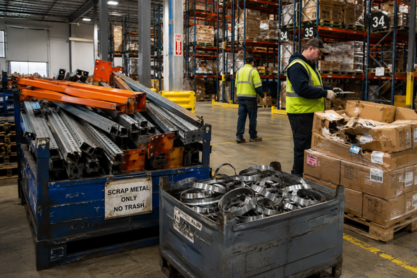 Warehouse scrap metal recycling area with damaged pallet racking, coiled metal strapping, and damaged boxed product staged inside a distribution center.