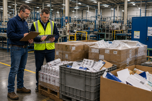 Manufacturing facility team reviewing off-spec material destruction vs disposal options for obsolete packaging and nonconforming materials.