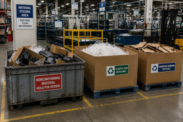 Off-spec material segregation with nonconforming materials separated from plastic film and cardboard recycling streams in a manufacturing facility.