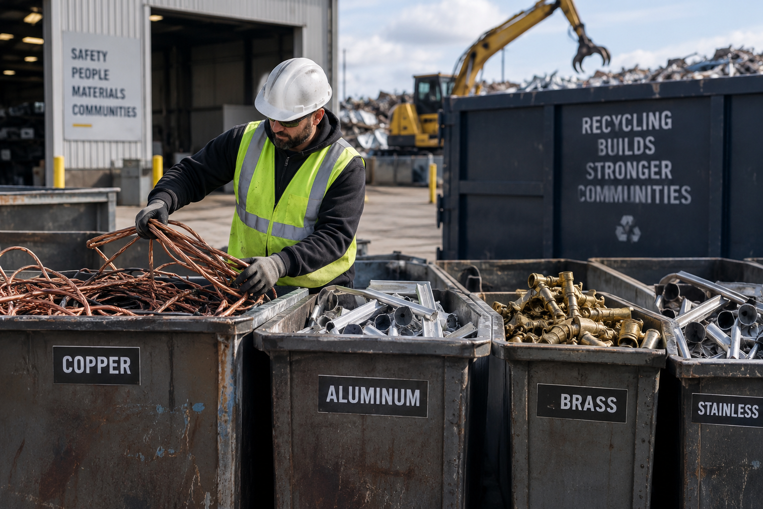 Commercial worker sorting copper, aluminum, brass, and stainless steel to get the most value from mixed metal loads.