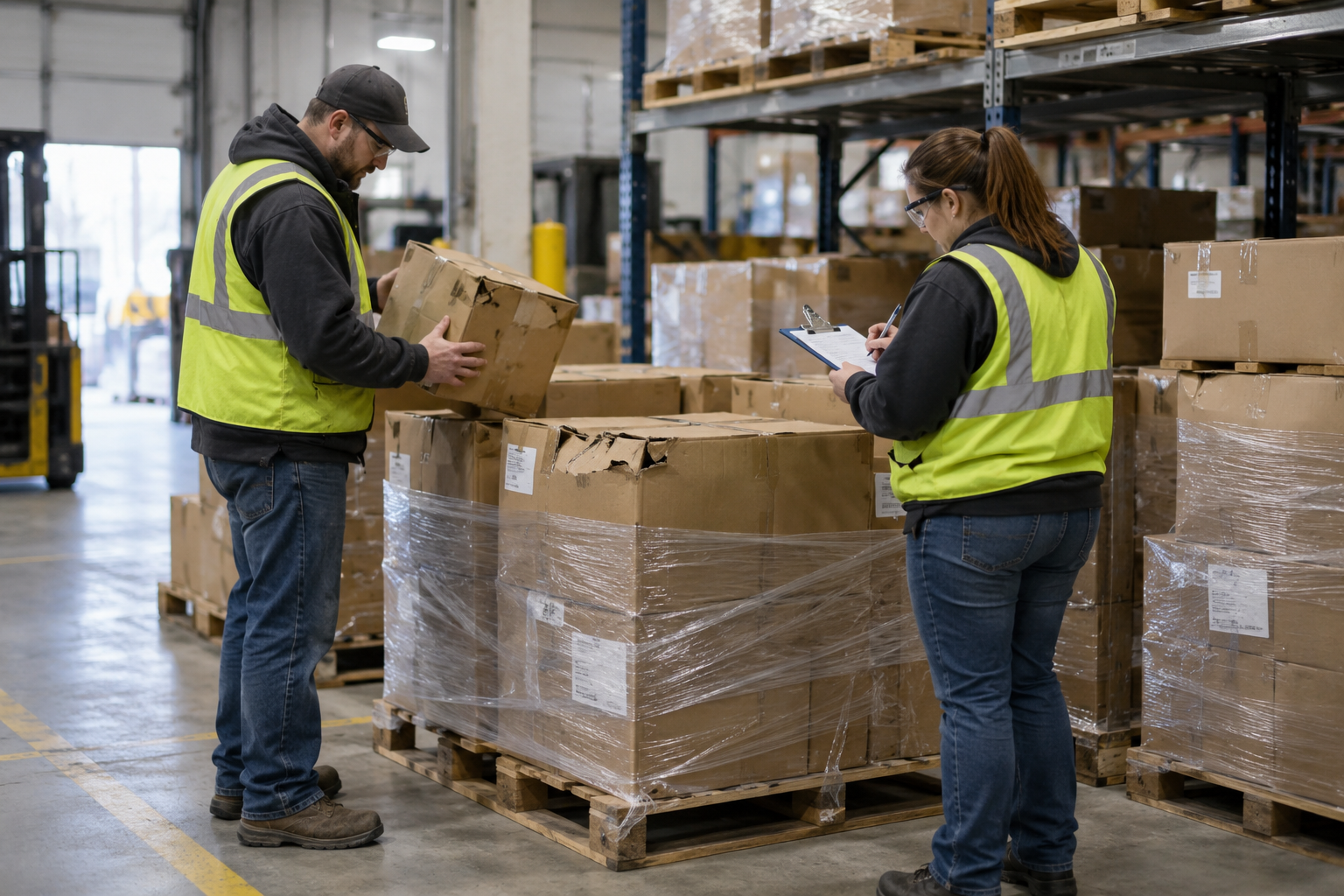 Warehouse employees inspecting damaged finished goods on pallets as part of an off-spec inventory disposal process.