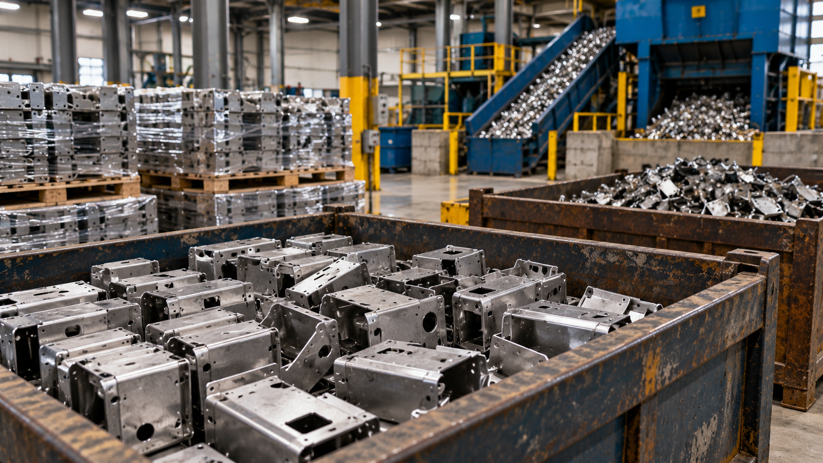 Metal product destruction for manufacturers showing defective metal components staged for secure destruction and recycling.