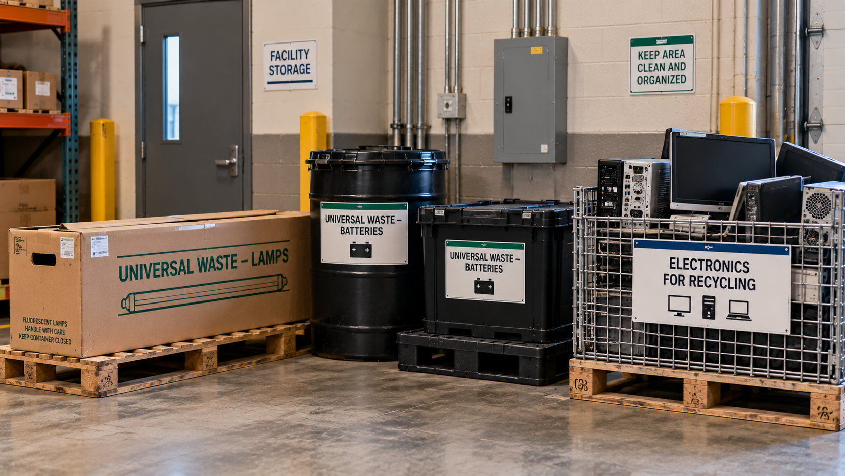Compliant facility storage area organized to follow universal waste rules for batteries, lights and e waste, with labeled battery and lamp containers and electronics for recycling.